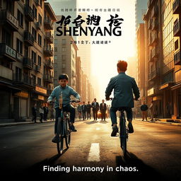 A detailed and gritty movie poster featuring two middle school-aged boys riding bicycles through the streets of Shenyang, China