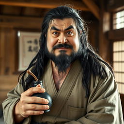 A slightly overweight drunken master with long, dark matted hair and a short beard