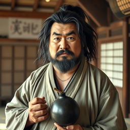 A slightly overweight drunken master with long, dark matted hair and a short beard