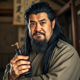 A slightly overweight drunken master with long, dark matted hair and a short beard