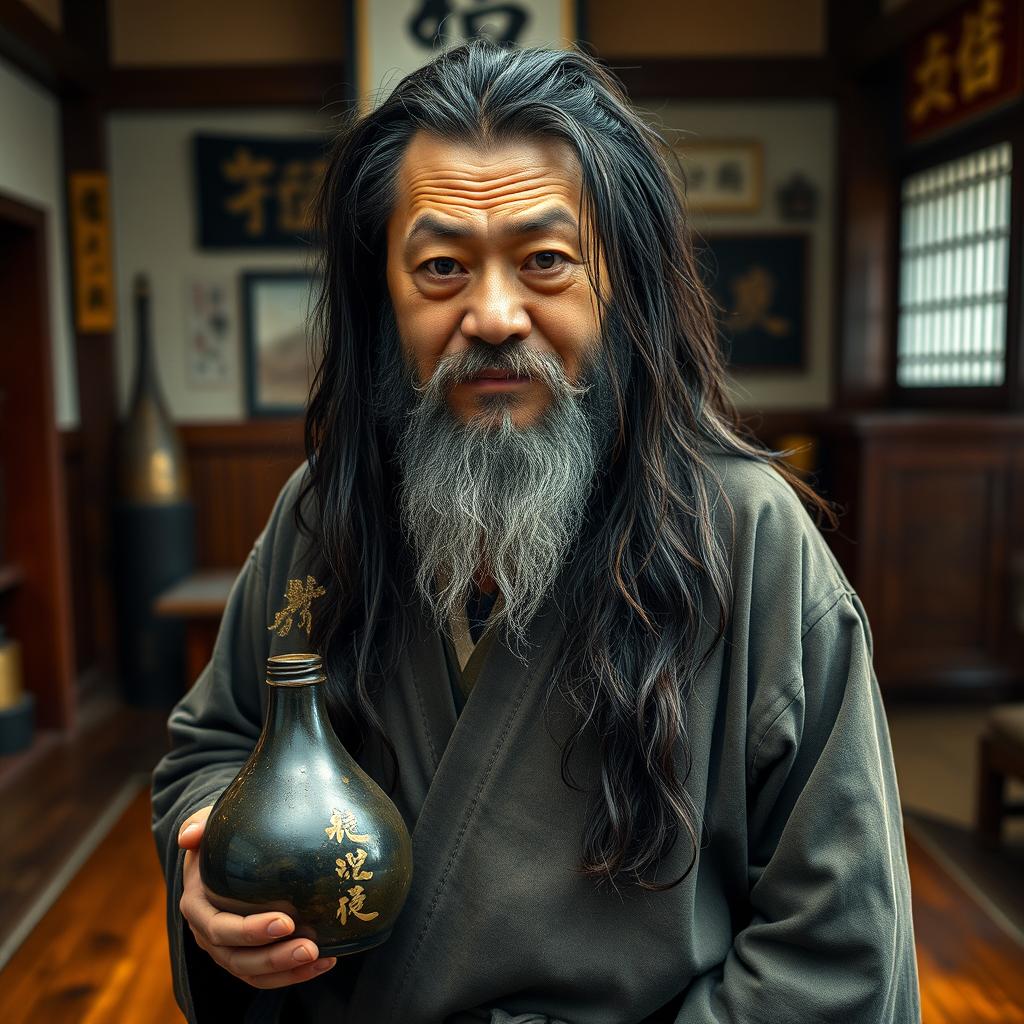 A slightly overweight drunken master with long, dark matted hair and a very short beard