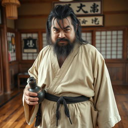 A slightly overweight drunken master with long, dark matted hair and a very short beard