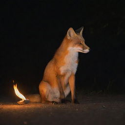 A fox playfully encountering a harmless flame, entranced by its warm glow against the night, but maintaining a safe distance.