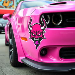 A pink Hellcat car equipped with a menacing demon sticker designed to symbolize the battle against cancer