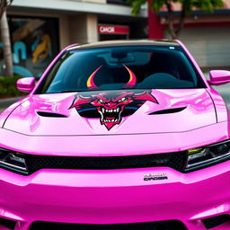 A pink Hellcat car equipped with a menacing demon sticker designed to symbolize the battle against cancer