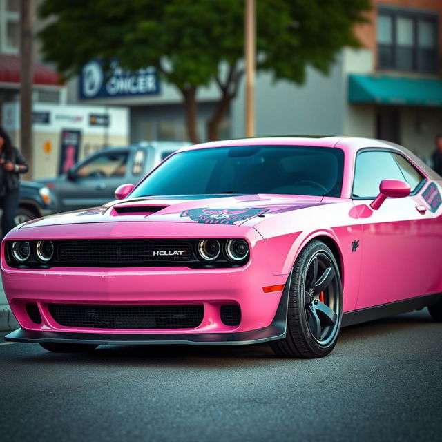 A pink Hellcat car equipped with a menacing demon sticker designed to symbolize the battle against cancer