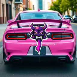 A pink Hellcat car equipped with a menacing demon sticker designed to symbolize the battle against cancer