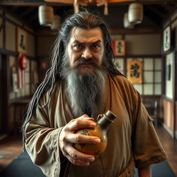 A slightly overweight drunken master with long, dark matted hair and a very short beard