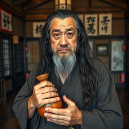 A slightly overweight drunken master with long, dark matted hair and a very short beard