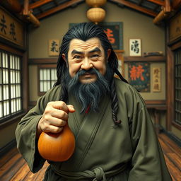 A slightly overweight drunken master with long, dark matted hair and a very short beard