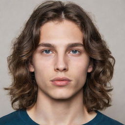 A lean Caucasian boy with wavy long hair, almond-shaped eyes, and thick lips.