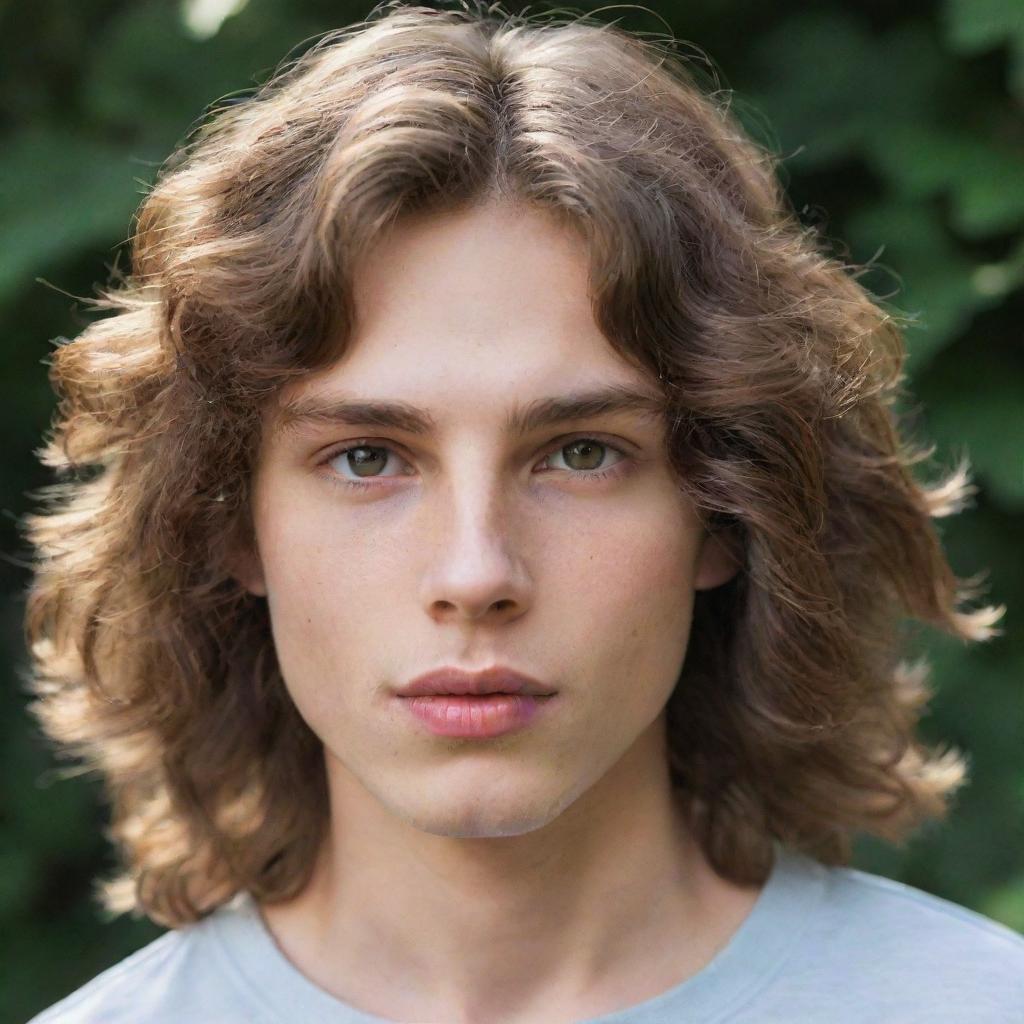 A lean Caucasian boy with wavy long hair, almond-shaped eyes, and thick lips.