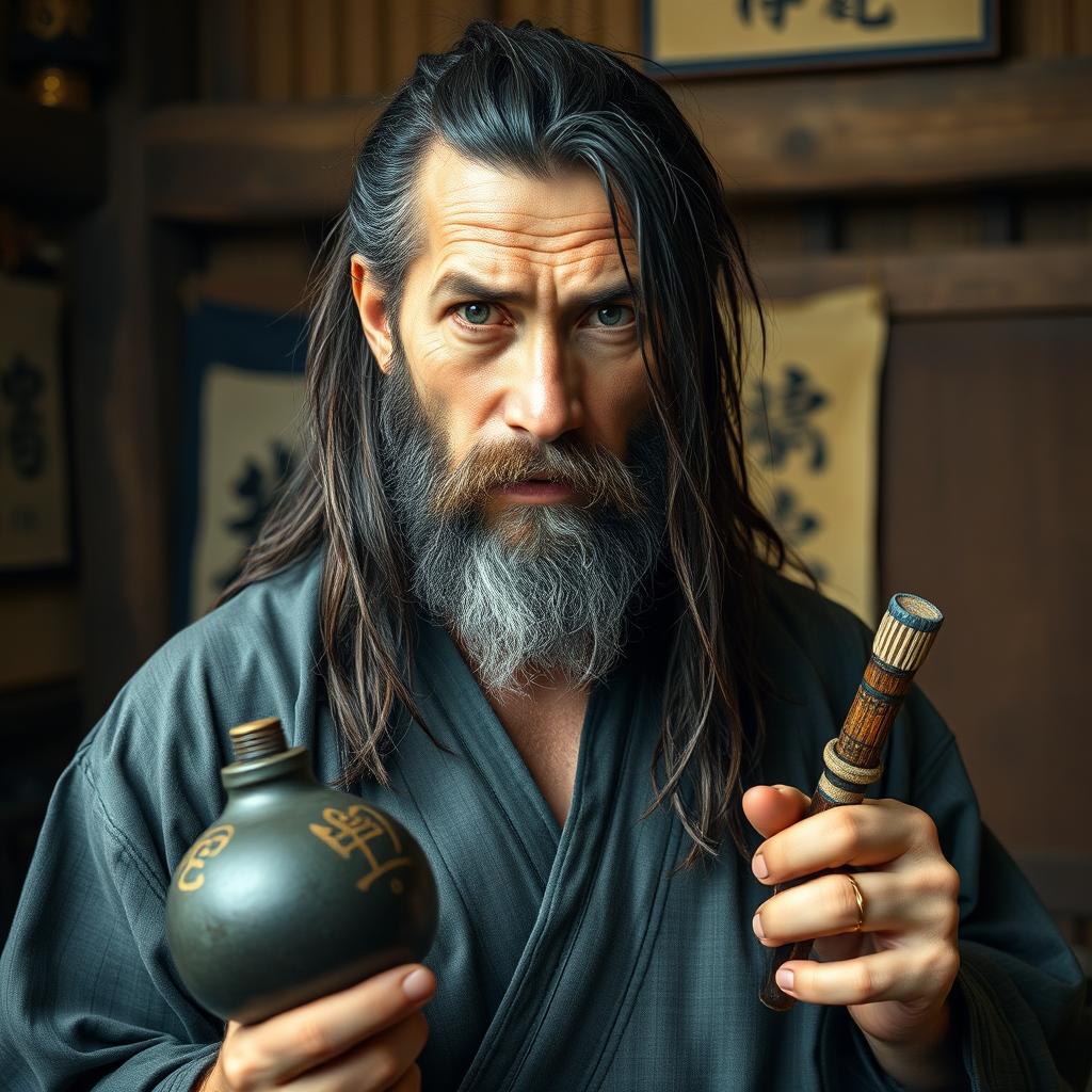 A drunken master with long, dark matted hair and a very short beard