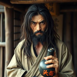 A drunken master with long, dark matted hair and a very short beard