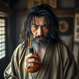 A drunken master with long, dark matted hair and a very short beard