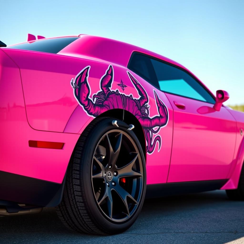 A Dodge Hellcat car in bright, eye-catching pink color, adorned with a mystical and powerful cancer ♋ demon sticker on its side