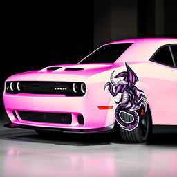 A Dodge Hellcat car in bright, eye-catching pink color, adorned with a mystical and powerful cancer ♋ demon sticker on its side