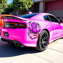 A Dodge Hellcat car in bright, eye-catching pink color, adorned with a mystical and powerful cancer ♋ demon sticker on its side