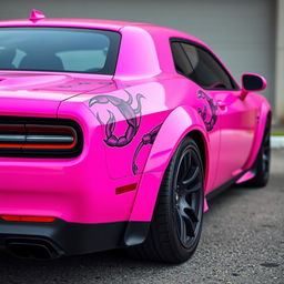 A Dodge Hellcat car in bright, eye-catching pink color, adorned with a mystical and powerful cancer ♋ demon sticker on its side