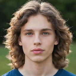 A lean Caucasian boy with wavy long hair, almond-shaped eyes, and thick lips.