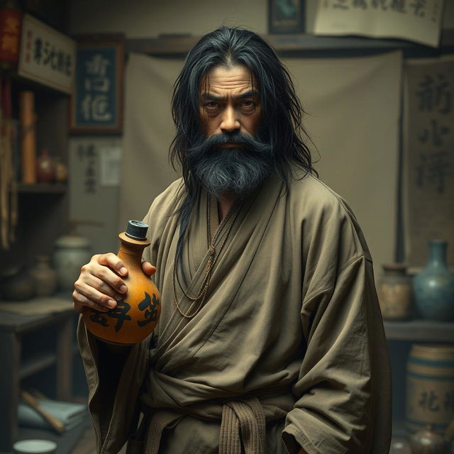 A disheveled drunken master with long, dark matted hair and a short beard