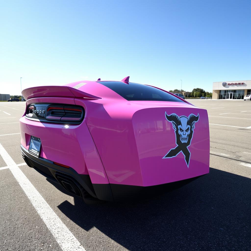 A pink Dodge Hellcat car with a unique cancer ♋ demon sticker on the side, parked in a spacious parking lot