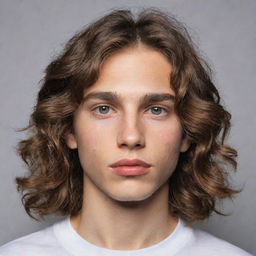 A lean Caucasian boy with wavy long hair, almond-shaped eyes, and thick lips.