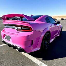 A pink Dodge Hellcat car with a unique cancer ♋ demon sticker on the side, parked in a spacious parking lot