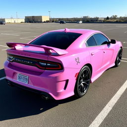 A pink Dodge Hellcat car with a unique cancer ♋ demon sticker on the side, parked in a spacious parking lot