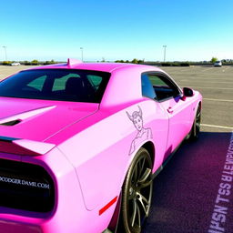 A pink Dodge Hellcat car with a unique cancer ♋ demon sticker on the side, parked in a spacious parking lot