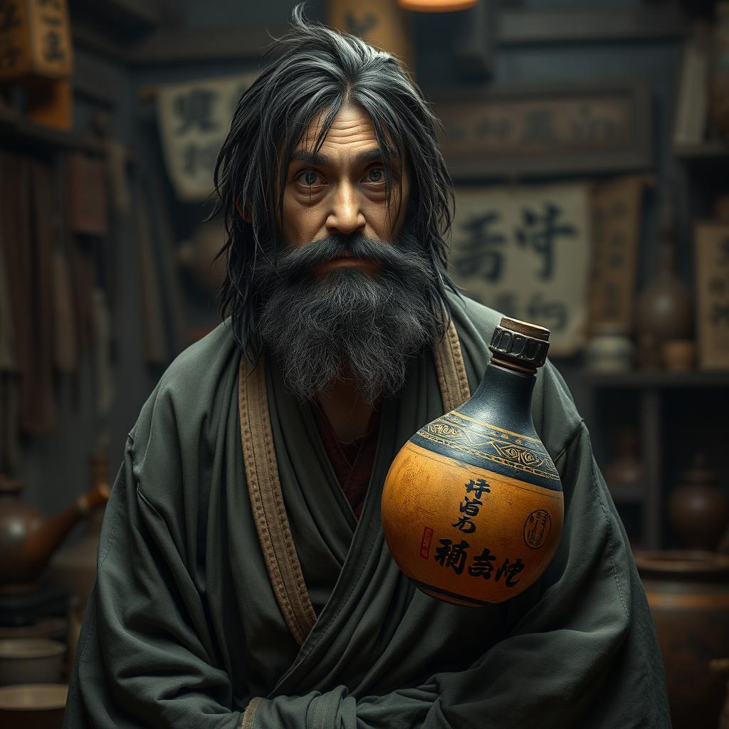 A disheveled drunken master characterized by long, dark matted hair and a short beard