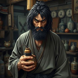 A disheveled drunken master characterized by long, dark matted hair and a short beard