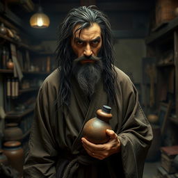 A disheveled drunken master characterized by long, dark matted hair and a short beard