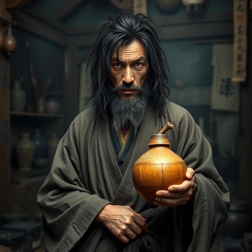 A disheveled drunken master characterized by long, dark matted hair and a short beard