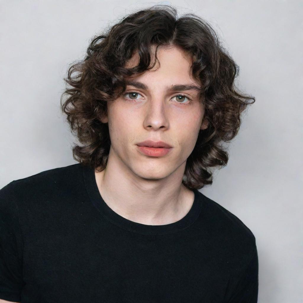 A lean Caucasian boy with wavy black hair, almond-shaped eyes, and thick lips, wearing a black shirt.