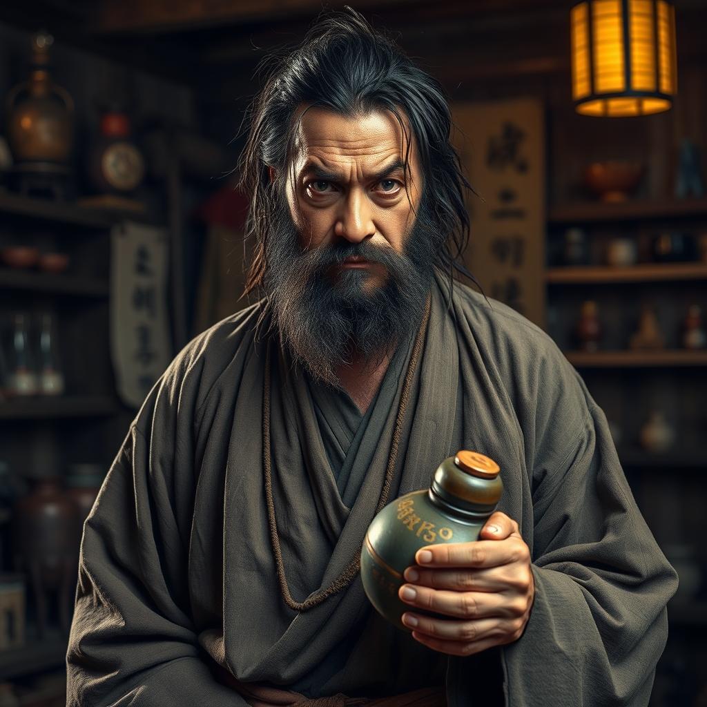 A disheveled drunken master with long, dark matted hair and a short beard, standing in a rustic, dimly lit dojo filled with martial arts artifacts