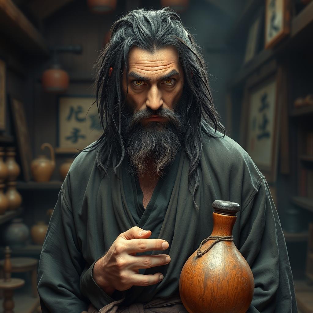 A disheveled drunken master with long, dark matted hair and a short beard, standing in a rustic, dimly lit dojo filled with martial arts artifacts