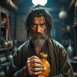 A disheveled drunken master with long, dark matted hair and a short beard, standing in a rustic, dimly lit dojo filled with martial arts artifacts