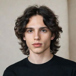 A lean Caucasian boy with wavy black hair, almond-shaped eyes, and thick lips, wearing a black shirt.