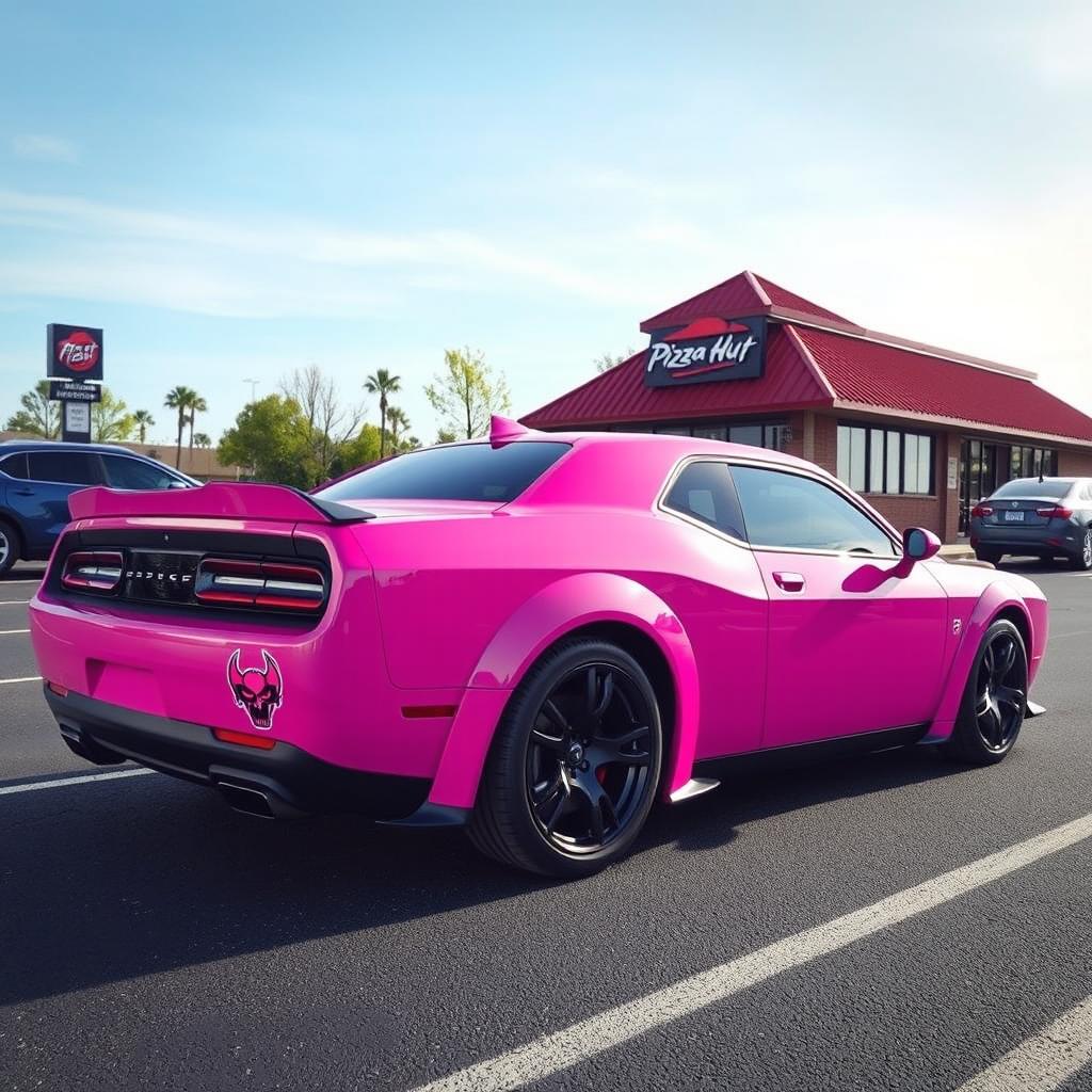 A pink Dodge Hellcat car with a unique cancer ♋ demon sticker on the side, parked in a Pizza Hut parking lot