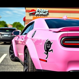 A pink Dodge Hellcat car with a unique cancer ♋ demon sticker on the side, parked in a Pizza Hut parking lot