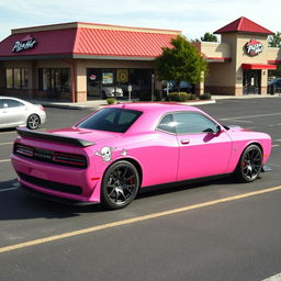 A pink Dodge Hellcat car with a unique cancer ♋ demon sticker on the side, parked in a Pizza Hut parking lot