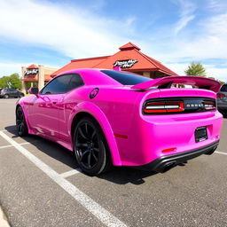 A pink Dodge Hellcat car with a unique cancer ♋ demon sticker on the side, parked in a Pizza Hut parking lot