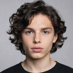 A lean Caucasian boy with wavy black hair, almond-shaped eyes, and thick lips, wearing a black shirt.