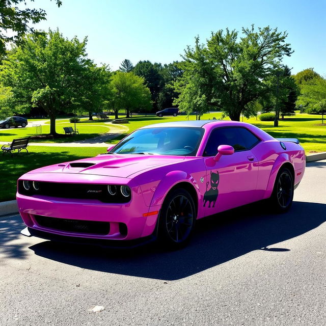 A pink Dodge Hellcat with a distinct cancer ♋ demon sticker on the side, parked in a parking lot at a lush, green park