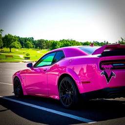 A pink Dodge Hellcat with a distinct cancer ♋ demon sticker on the side, parked in a parking lot at a lush, green park