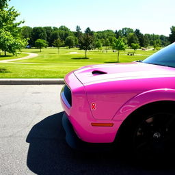 A pink Dodge Hellcat with a distinct cancer ♋ demon sticker on the side, parked in a parking lot at a lush, green park