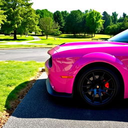 A pink Dodge Hellcat with a distinct cancer ♋ demon sticker on the side, parked in a parking lot at a lush, green park