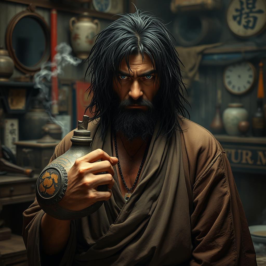 A dirty drunken master with long, dark matted hair and a short beard, exuding a rugged charisma amidst a cluttered, dimly lit dojo