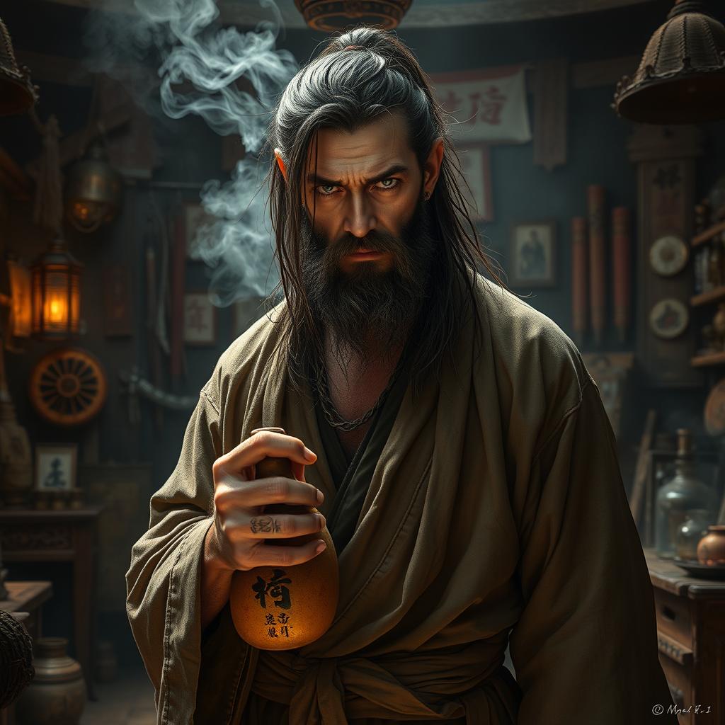 A dirty drunken master with long, dark matted hair and a short beard, exuding a rugged charisma amidst a cluttered, dimly lit dojo